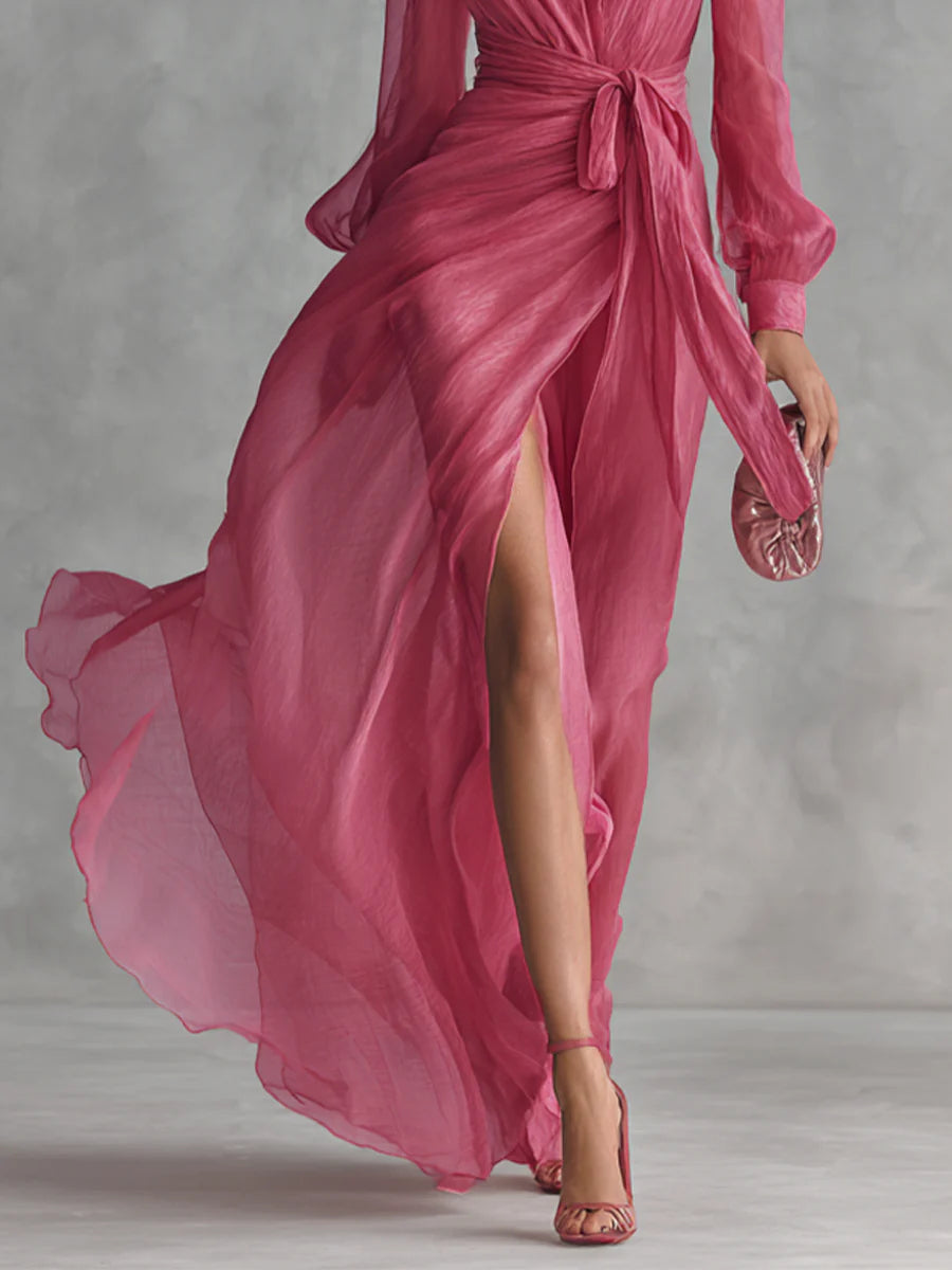 Vestido Largo de Chiffon Rosa Elegante con Cuello en V y Cintura Lazada