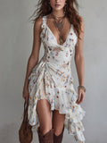 Mini Vestido Floral Retro con Escote en V y Tirantes