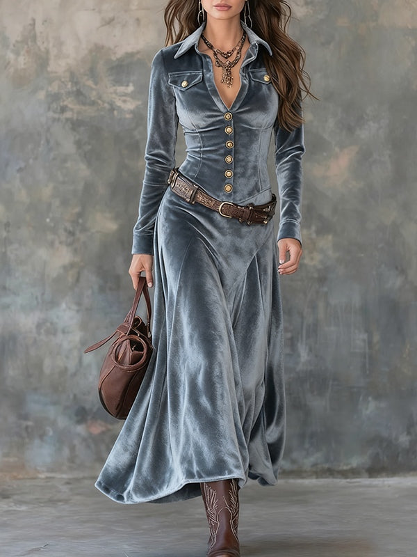 Vestido Maxi de Terciopelo Gris con Solapa, Botones Metálicos y Cinturón
