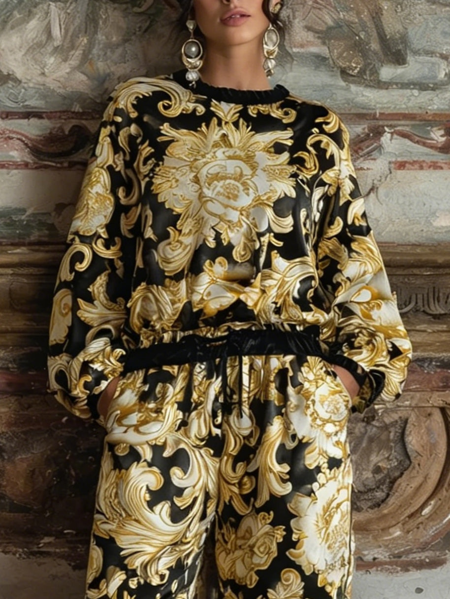 Conjunto Barroco de Top Floral de Manga Larga y Pantalón de Pierna Ancha