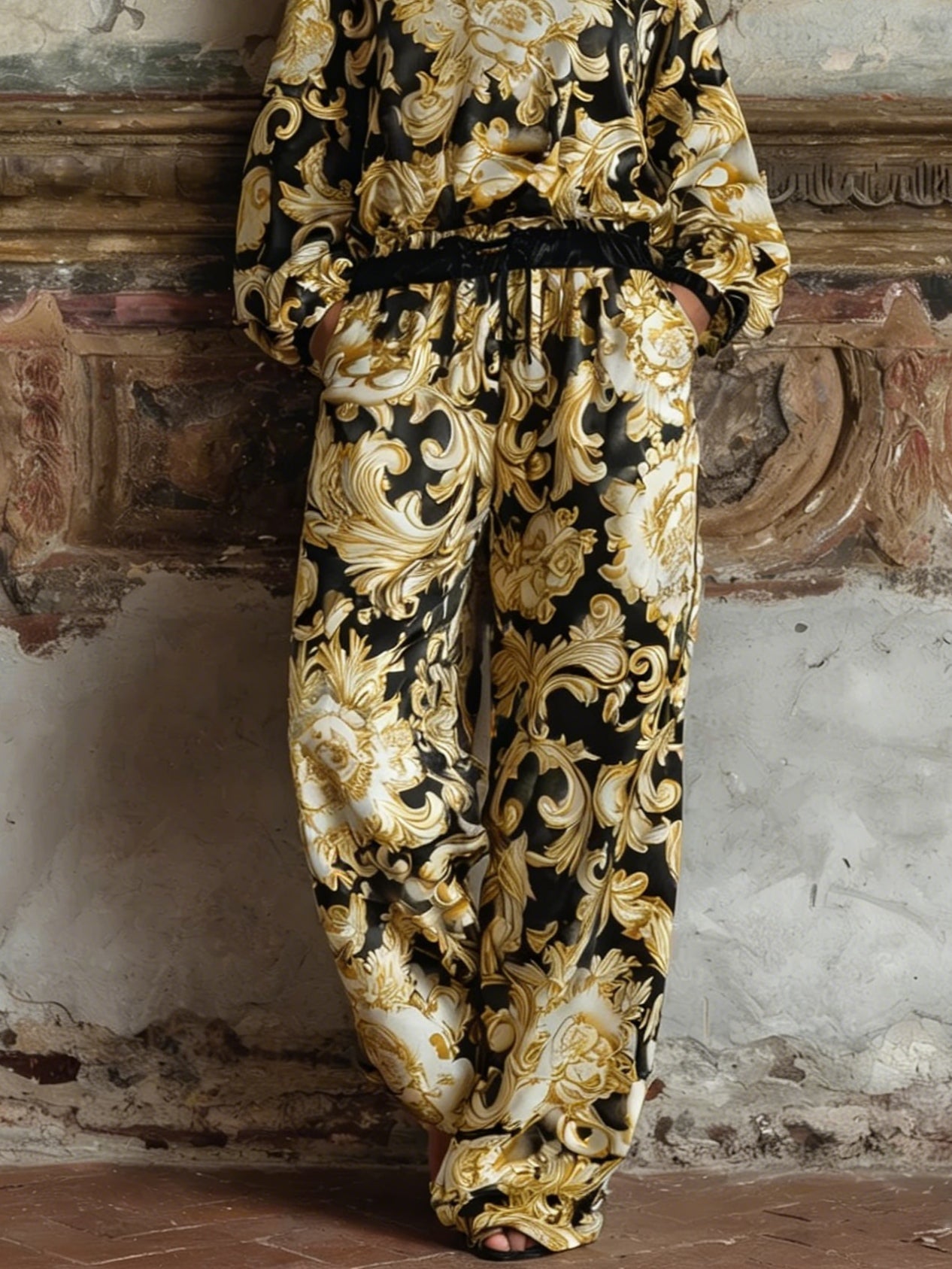 Conjunto Barroco de Top Floral de Manga Larga y Pantalón de Pierna Ancha