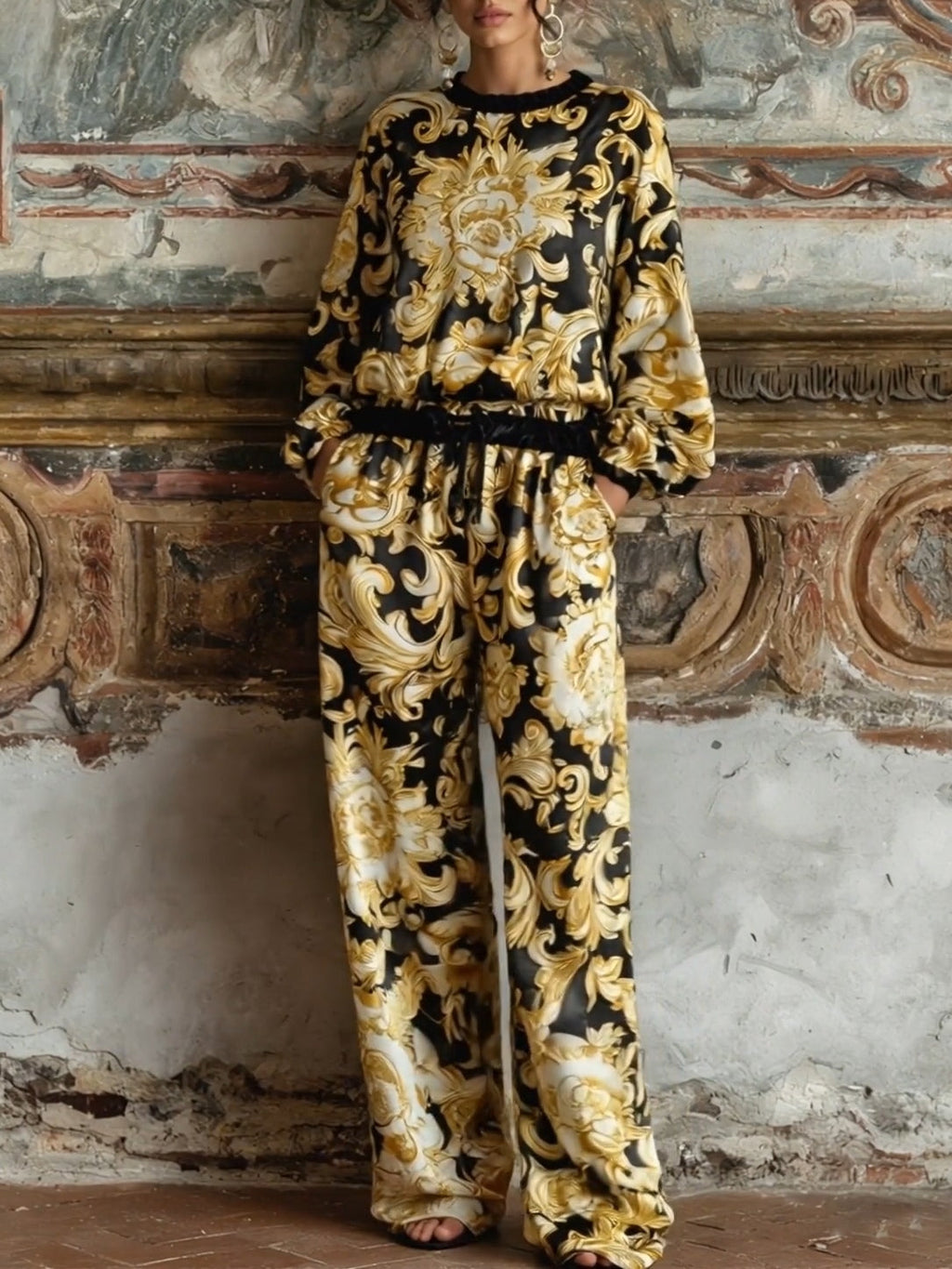 Conjunto Barroco de Top Floral de Manga Larga y Pantalón de Pierna Ancha
