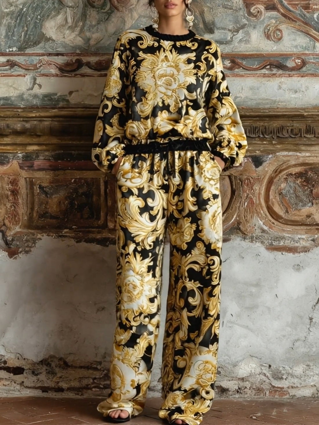 Conjunto Barroco de Top Floral de Manga Larga y Pantalón de Pierna Ancha