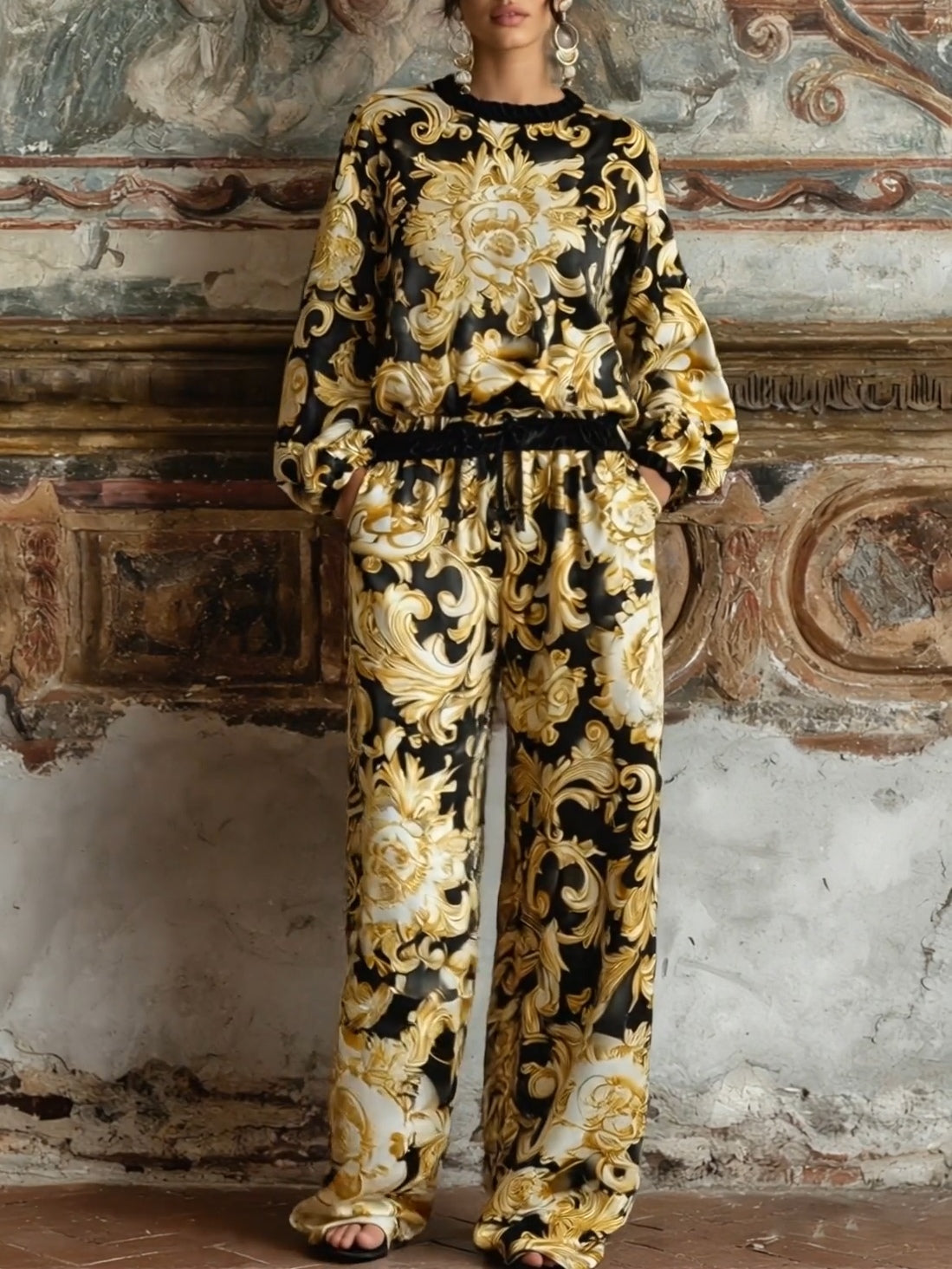 Conjunto Barroco de Top Floral de Manga Larga y Pantalón de Pierna Ancha