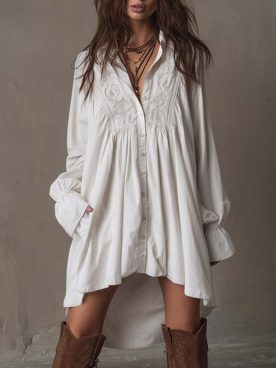 Mini Vestido Blanco de Encaje con Dobladillo Irregular y Manga Larga