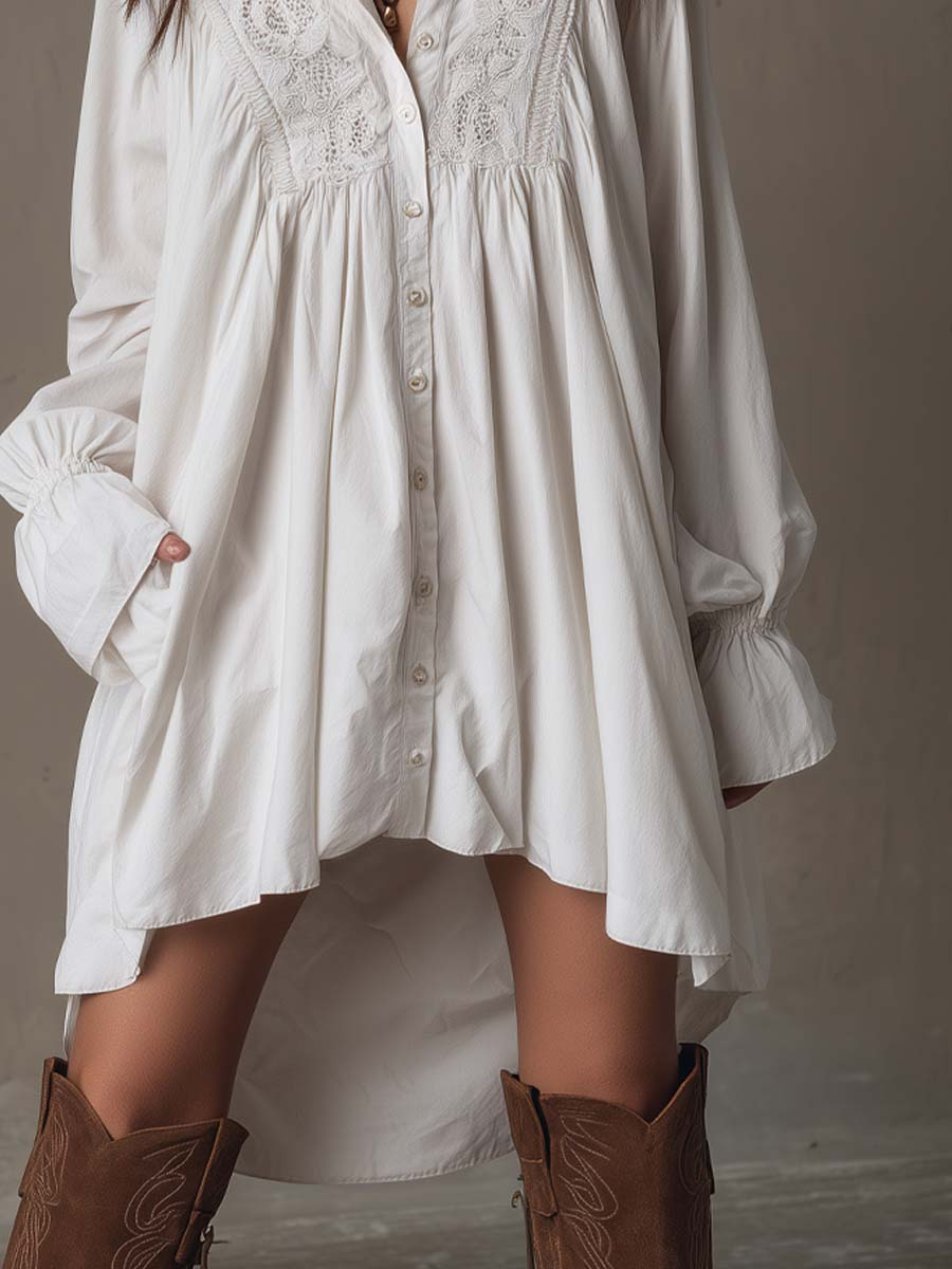 Mini Vestido Blanco de Encaje con Dobladillo Irregular y Manga Larga