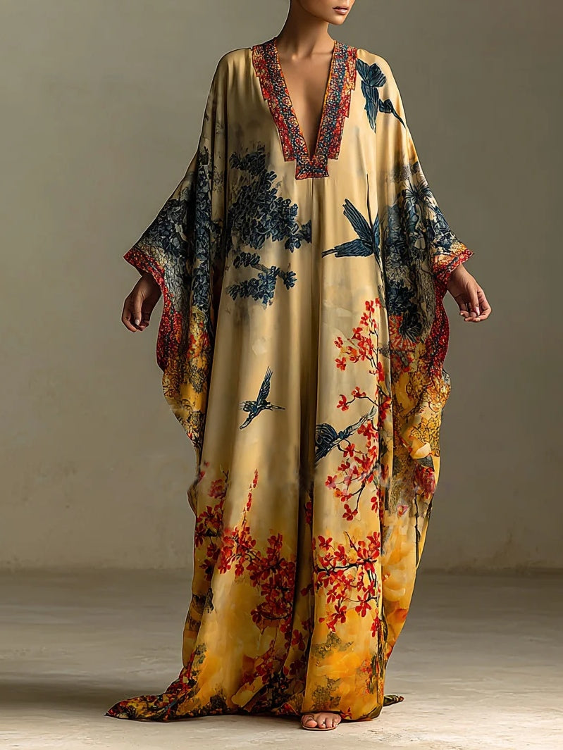 Vestido Largo Kimono con Estampado de Flores y Pájaros, Mangas Murciélago