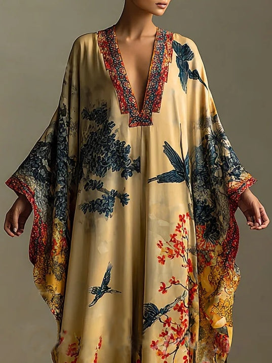 Vestido Largo Kimono con Estampado de Flores y Pájaros, Mangas Murciélago