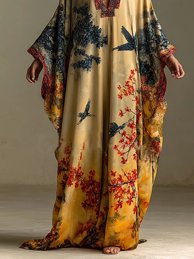 Vestido Largo Kimono con Estampado de Flores y Pájaros, Mangas Murciélago