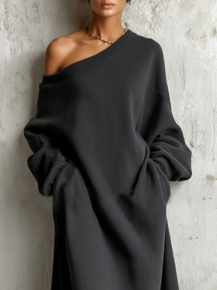 Vestido Maxi Negro Off-Shoulder Estilo Sudadera