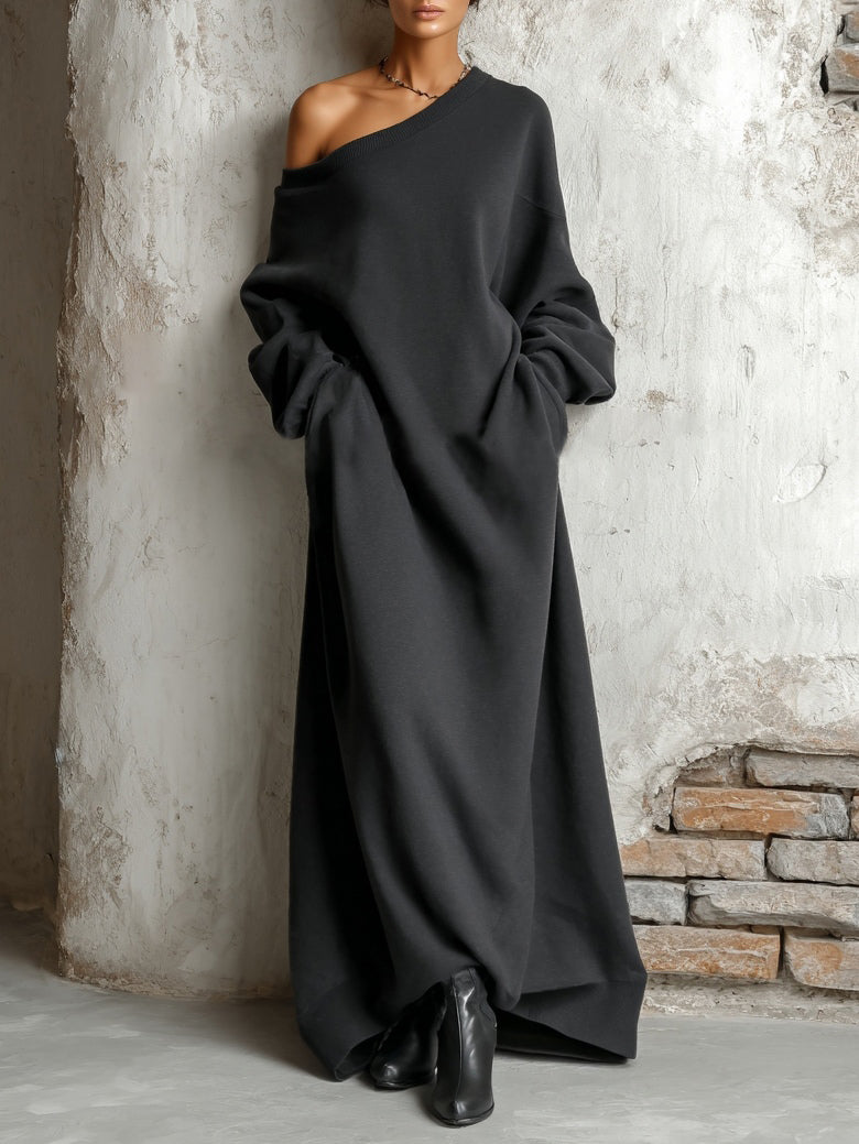 Vestido Maxi Negro Off-Shoulder Estilo Sudadera
