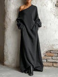 Vestido Maxi Negro Off-Shoulder Estilo Sudadera