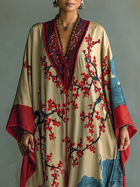Vestido Maxi con Estampado de Flor de Ciruelo Rojo y Mangas Murciélago