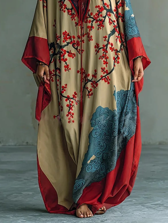 Vestido Maxi con Estampado de Flor de Ciruelo Rojo y Mangas Murciélago
