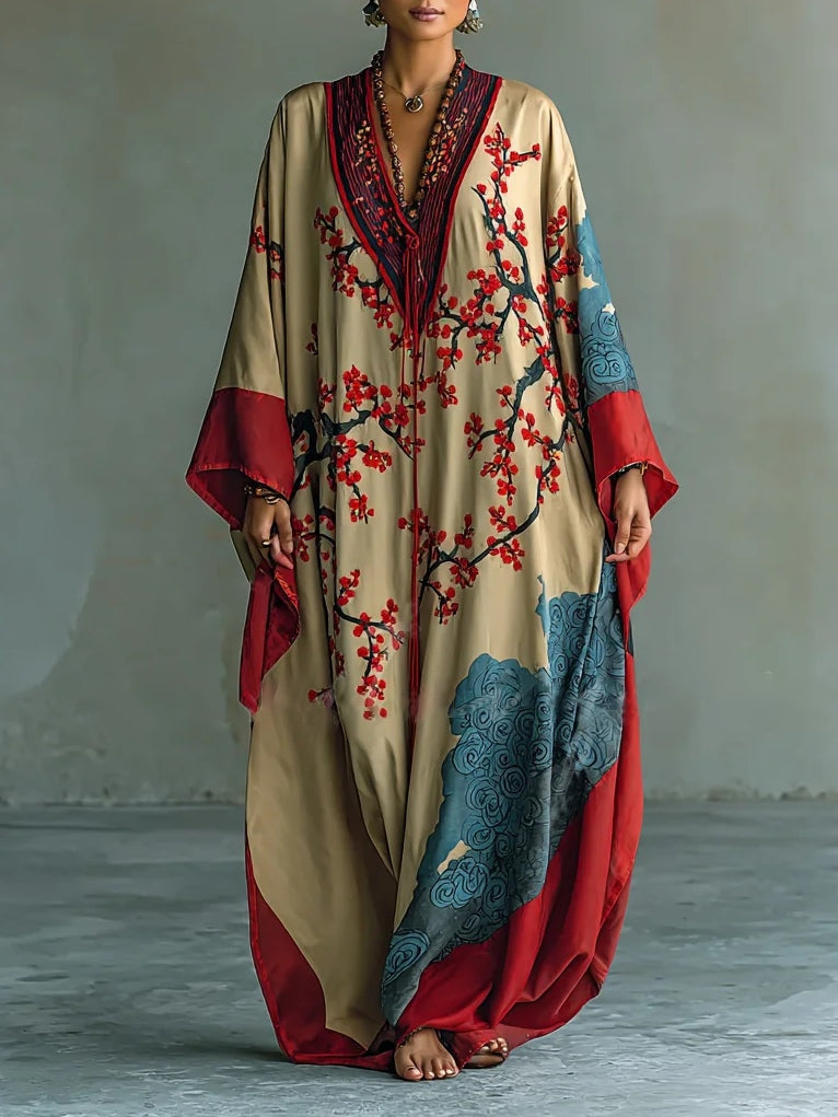 Vestido Maxi con Estampado de Ciruelo Rojo Japonés y Mangas Murciélago