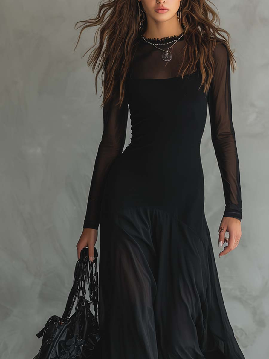 Vestido Maxi Holgado de Tul Negro con Patchwork