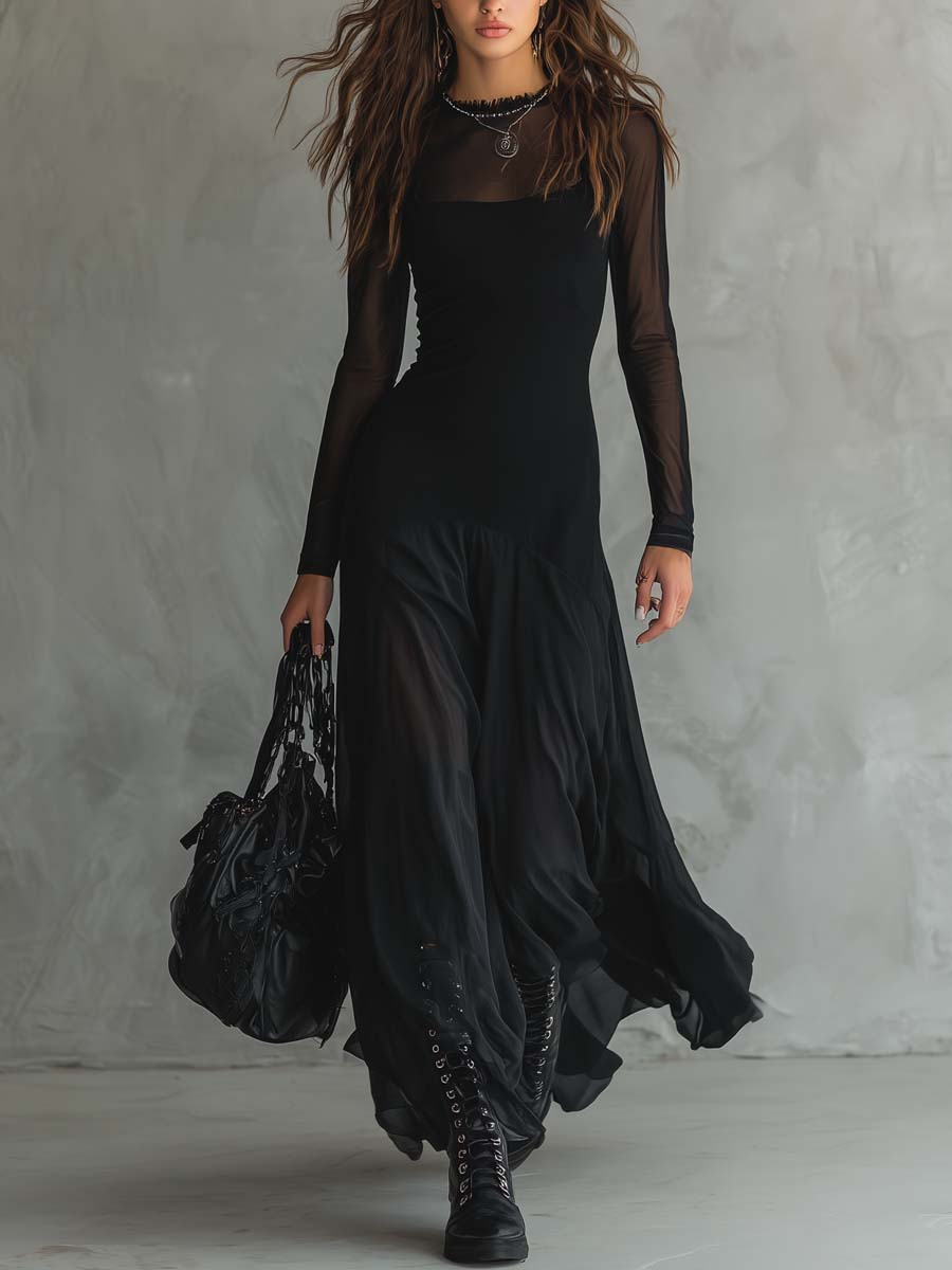 Vestido Maxi Holgado de Tul Negro con Patchwork