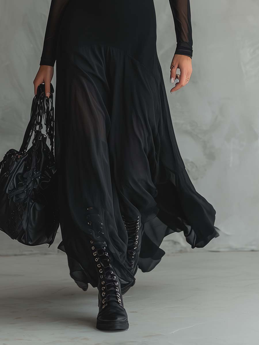Vestido Maxi Holgado de Tul Negro con Patchwork