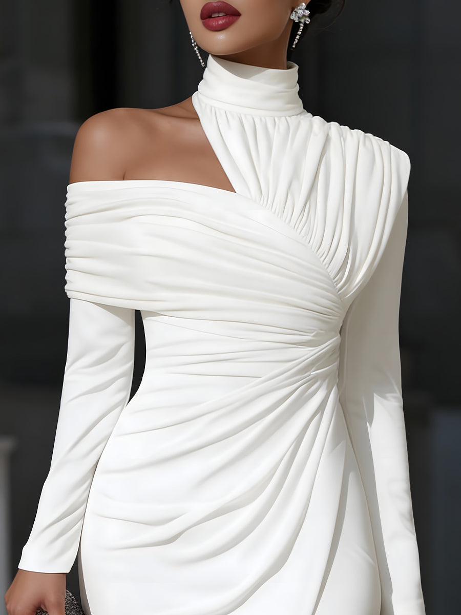 Vestido Midi Blanco Asimétrico Drapeado de Cuello Alto y un Solo Hombro