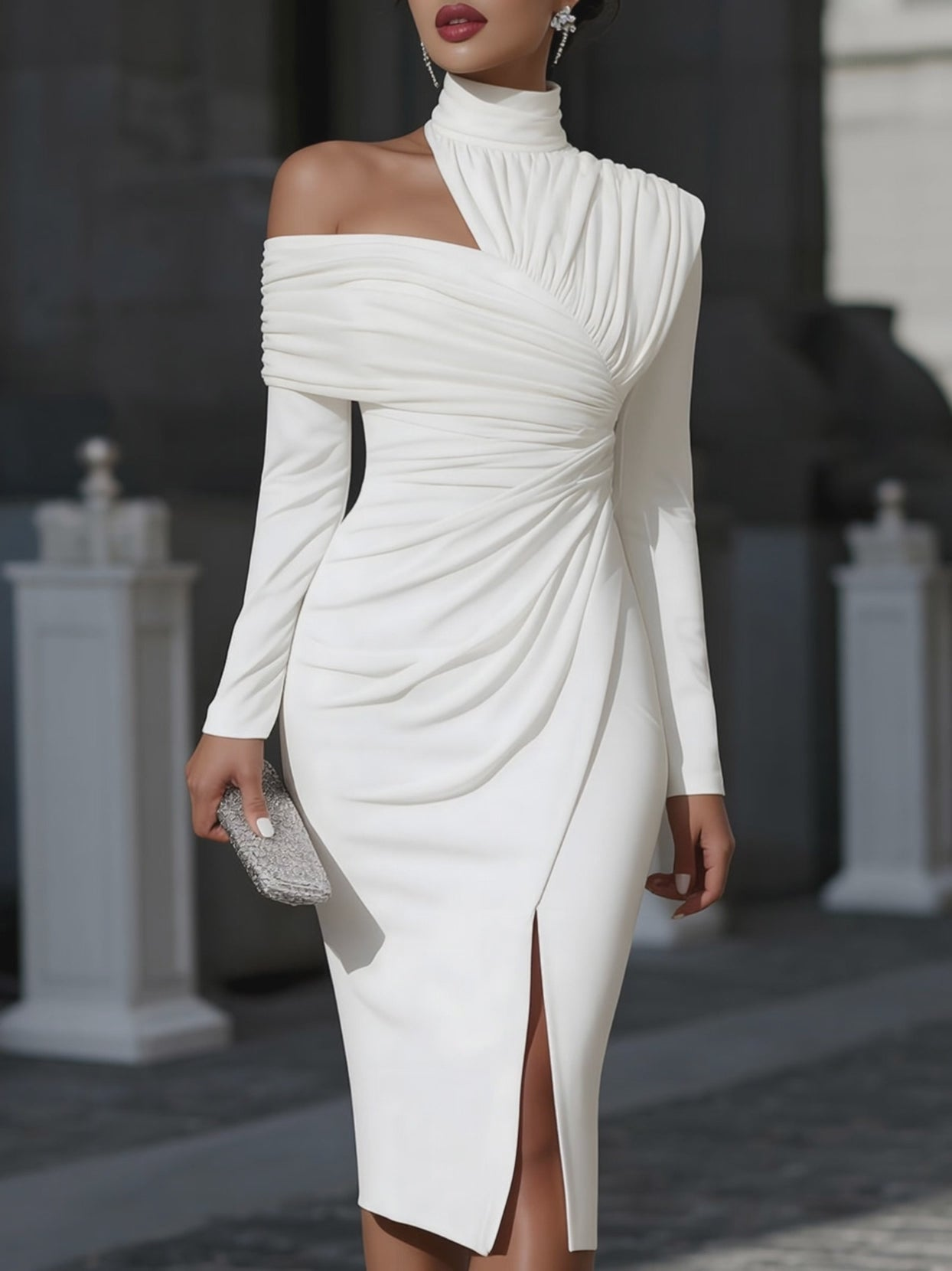 Vestido Midi Blanco Asimétrico Drapeado de Cuello Alto y un Solo Hombro