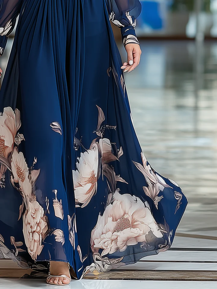 Vestido Maxi Azul Marino Floral con Cuello en V, Mangas de Tul y Plisado