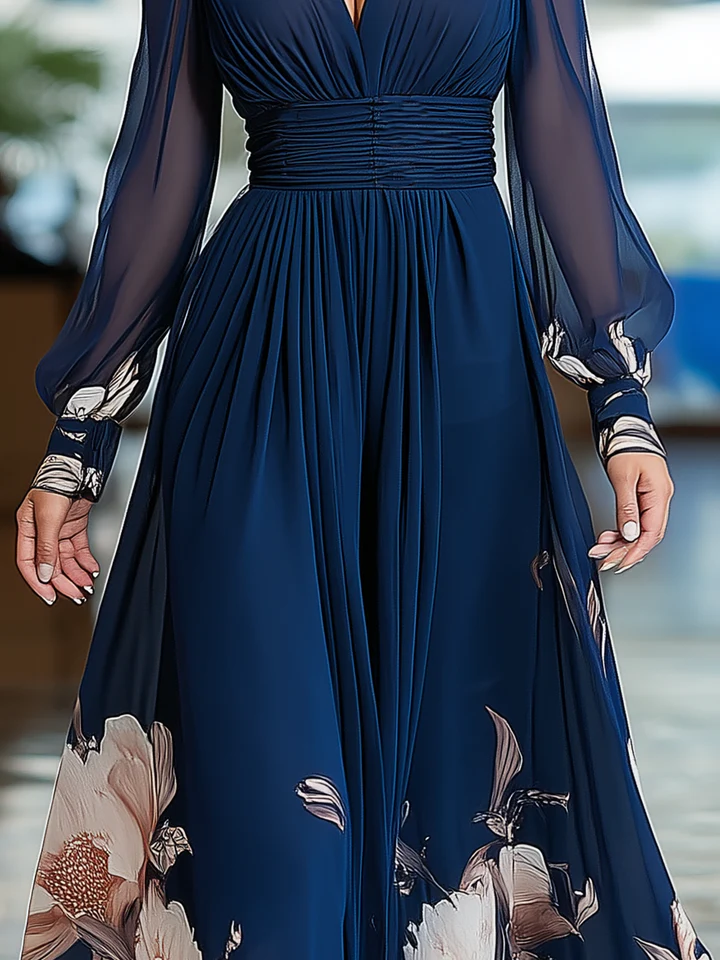 Vestido Maxi Azul Marino Floral con Cuello en V, Mangas de Tul y Plisado