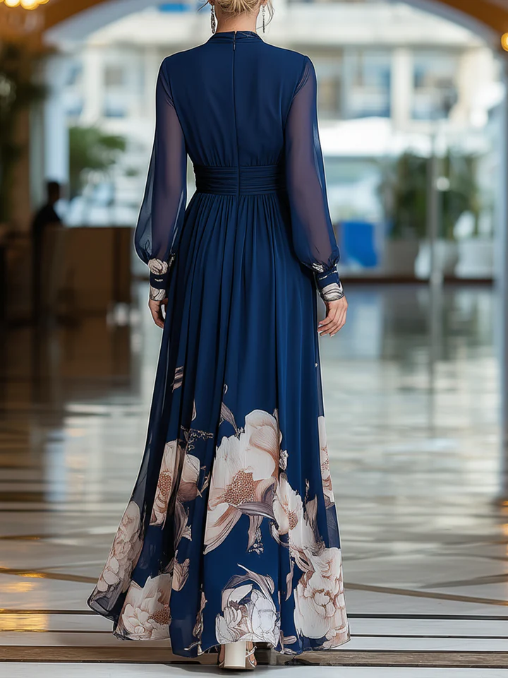 Vestido Maxi Azul Marino Floral con Cuello en V, Mangas de Tul y Plisado