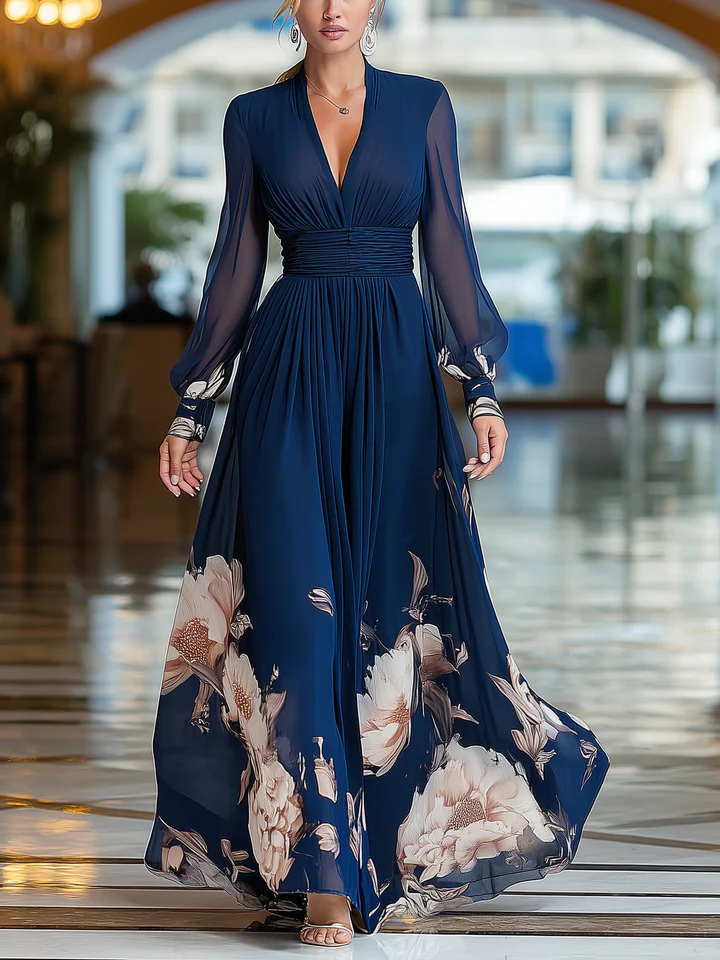 Vestido Maxi Azul Marino Floral con Cuello en V, Mangas de Tul y Plisado