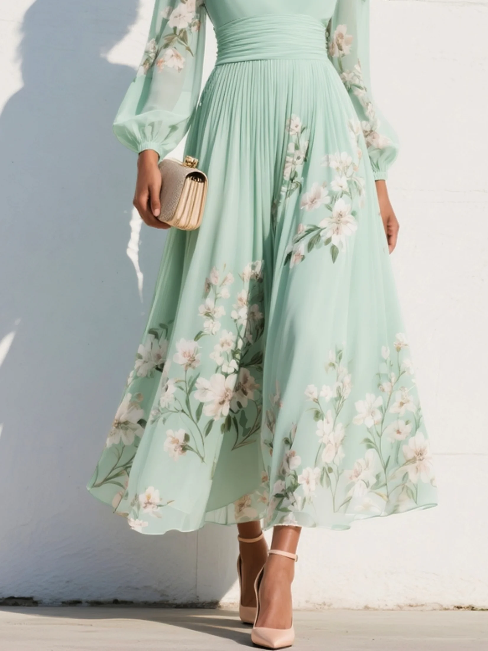 Vestido Maxi de Chiffon Verde Claro Plisado Floral con Cuello en V