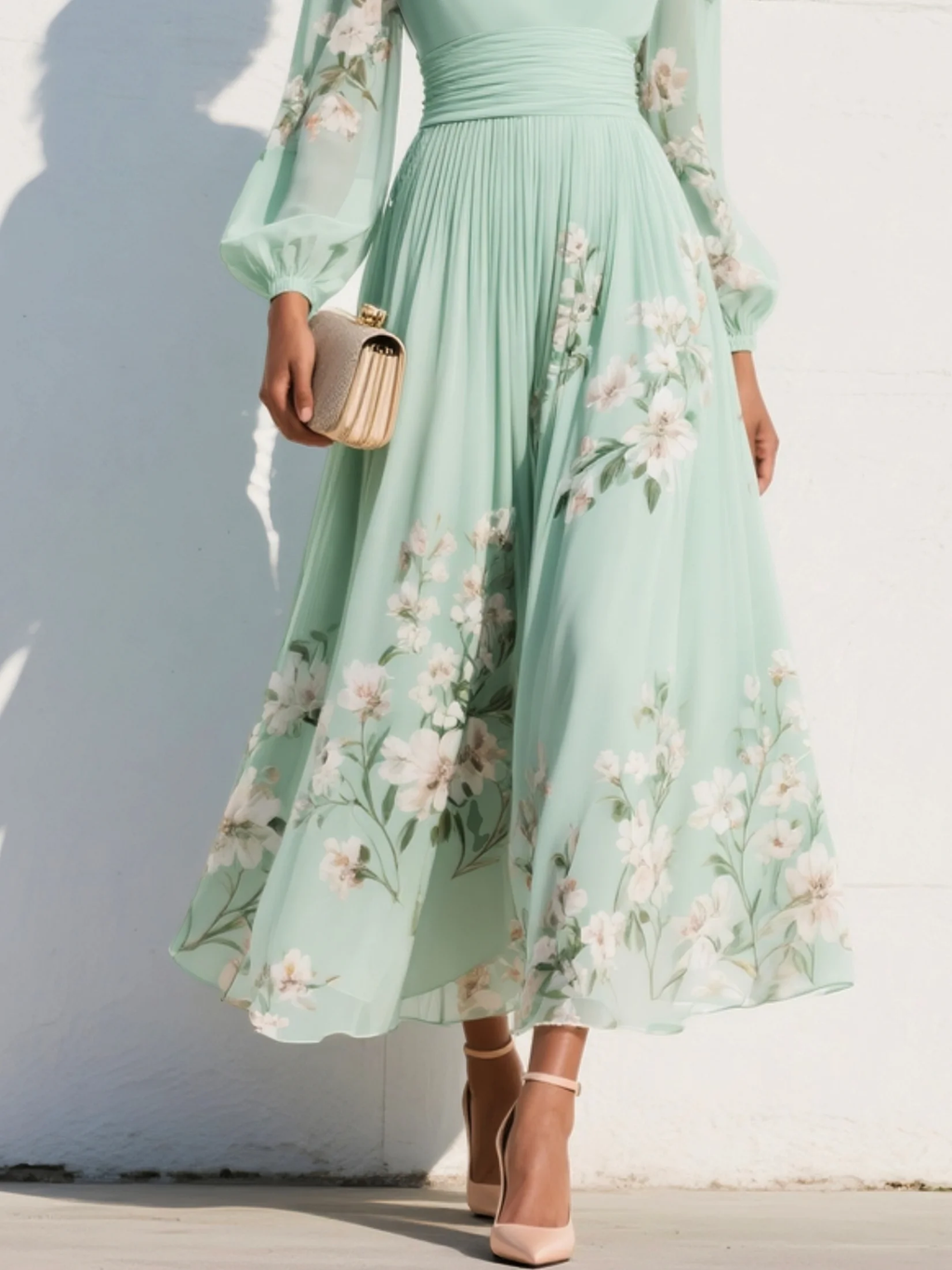 Vestido Maxi Plisado de Gasa Verde Menta con Estampado Floral para Mujer