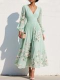 Vestido Maxi Plisado de Gasa Verde Menta con Estampado Floral para Mujer