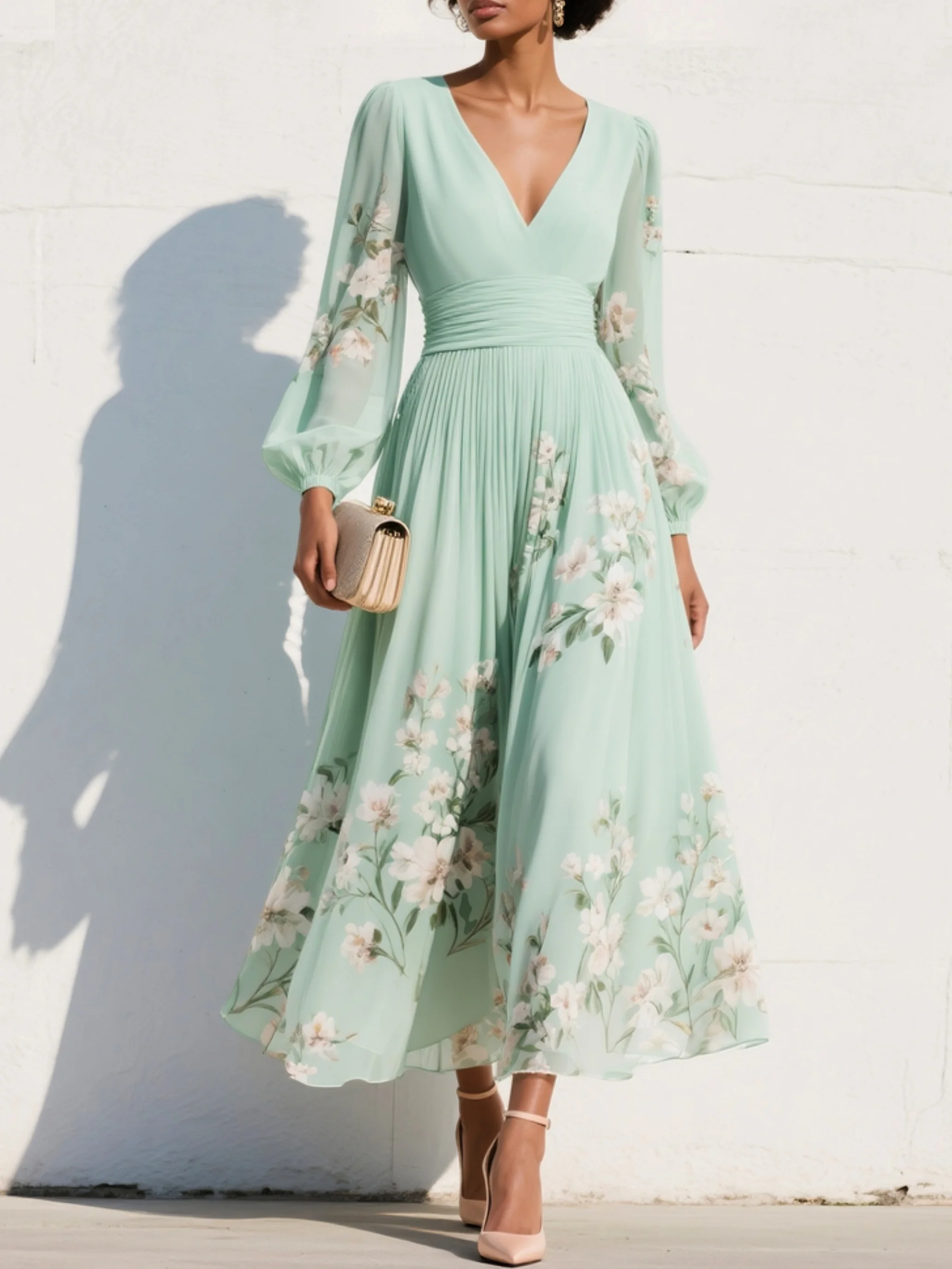 Vestido Maxi Plisado de Gasa Verde Menta con Estampado Floral para Mujer