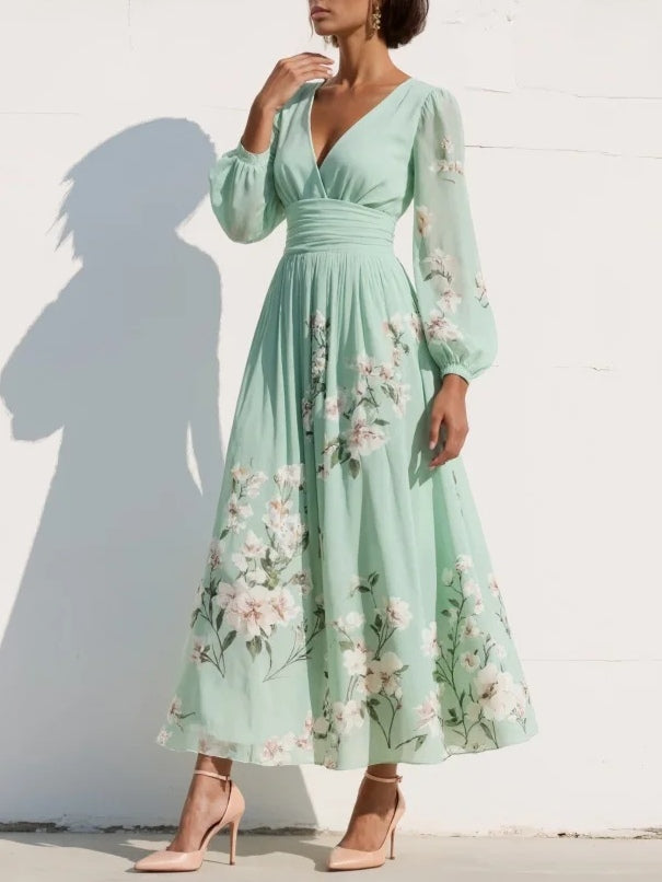 Vestido Maxi de Chiffon Verde Claro Plisado Floral con Cuello en V