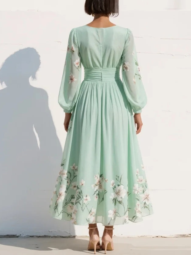 Cisella | Vestido Midi Verde Claro con Estampado Floral