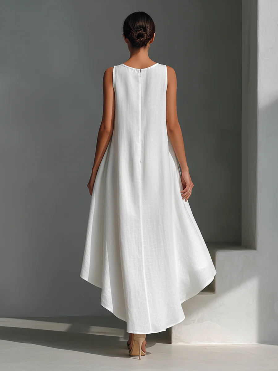 Vestido Midi Blanco sin Mangas con Cuello Redondo y Dobladillo Asimétrico