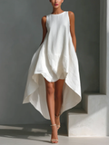 Vestido Midi Blanco sin Mangas con Cuello Redondo y Dobladillo Asimétrico