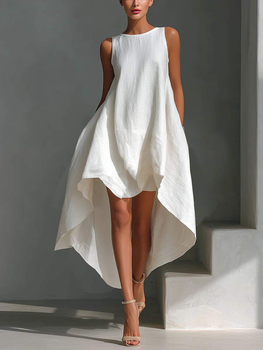 Vestido Midi Blanco sin Mangas con Cuello Redondo y Dobladillo Asimétrico
