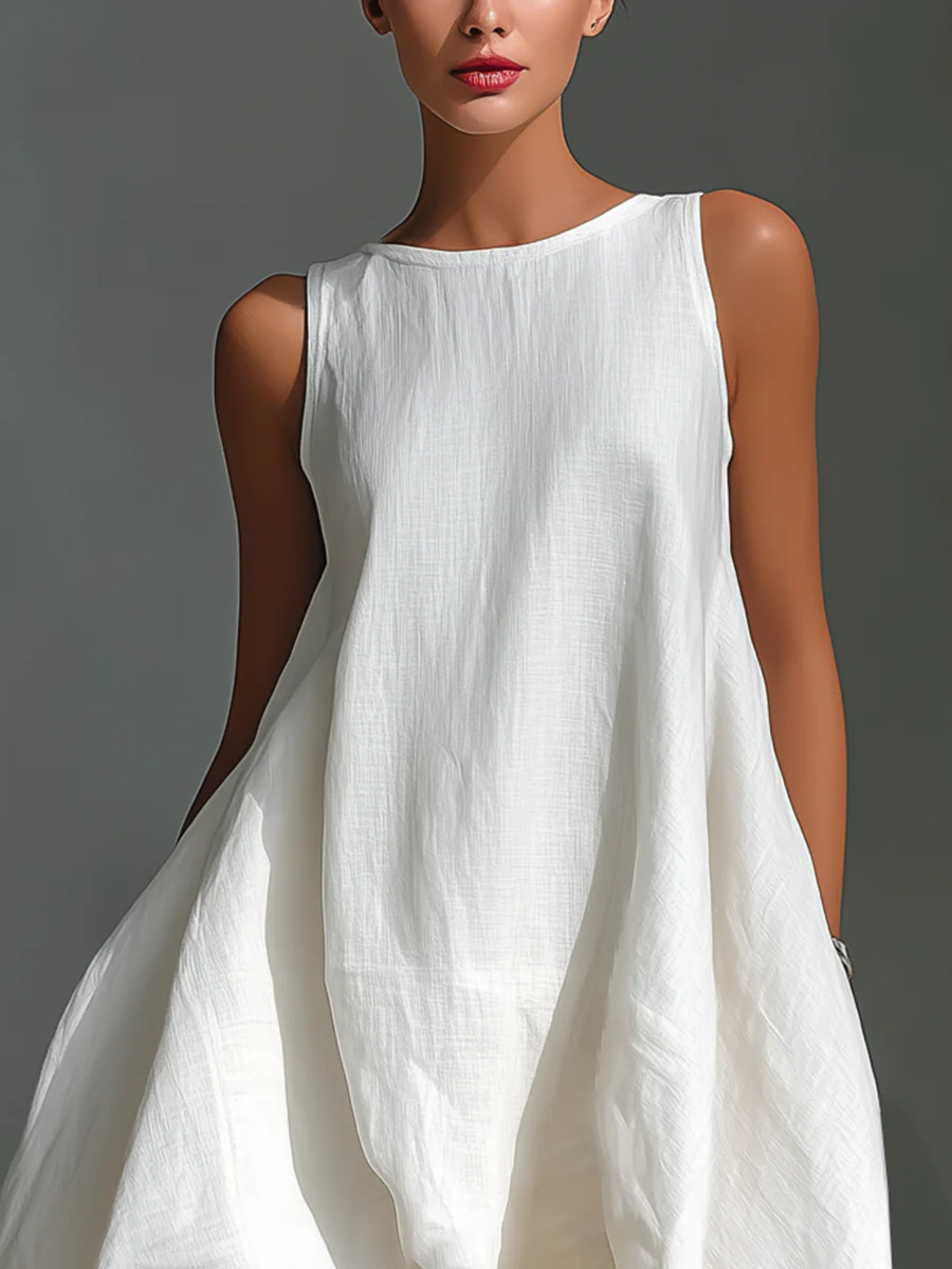 Vestido Midi Blanco sin Mangas con Cuello Redondo y Dobladillo Asimétrico