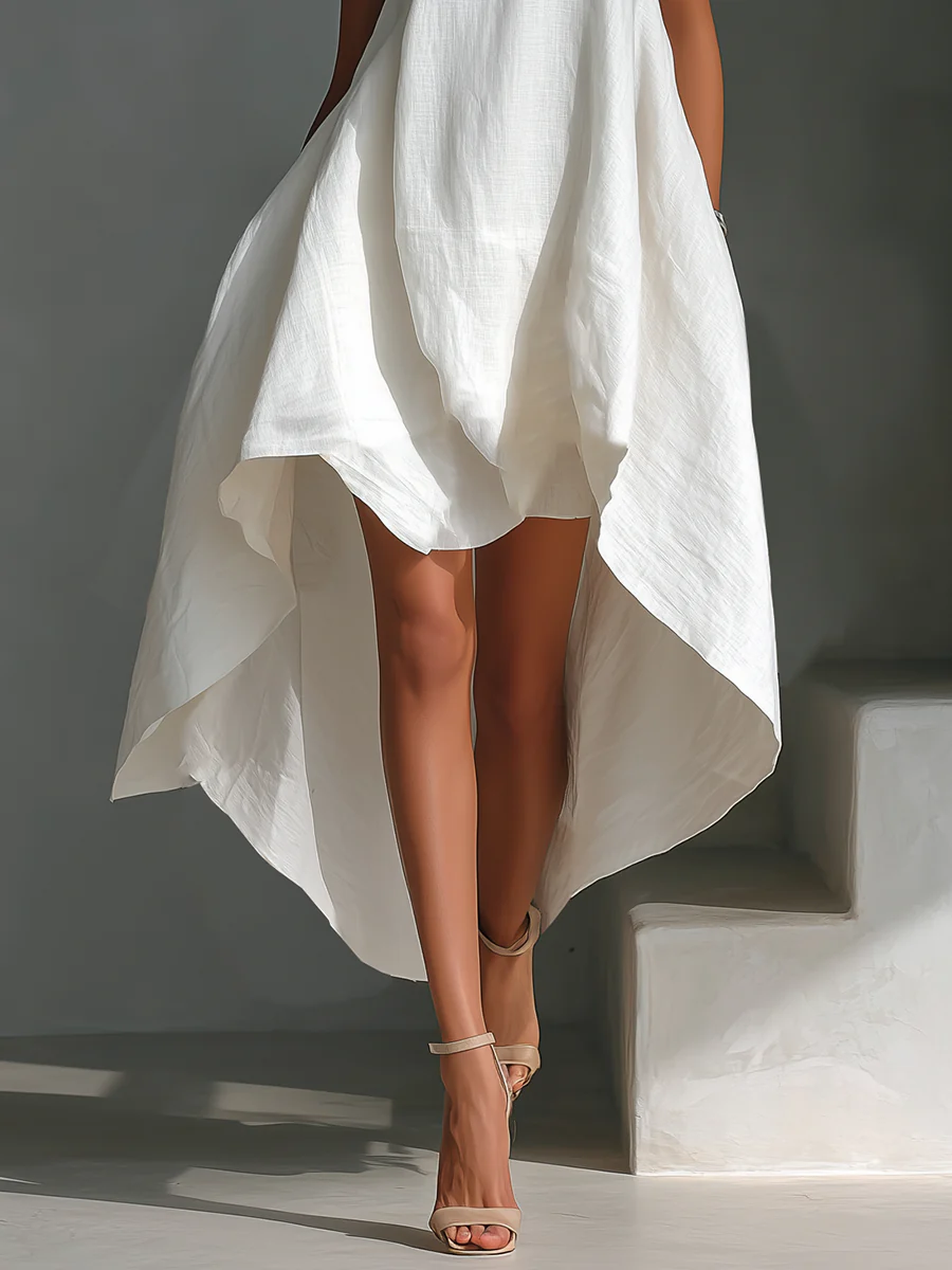 Vestido Midi Blanco sin Mangas con Cuello Redondo y Dobladillo Asimétrico