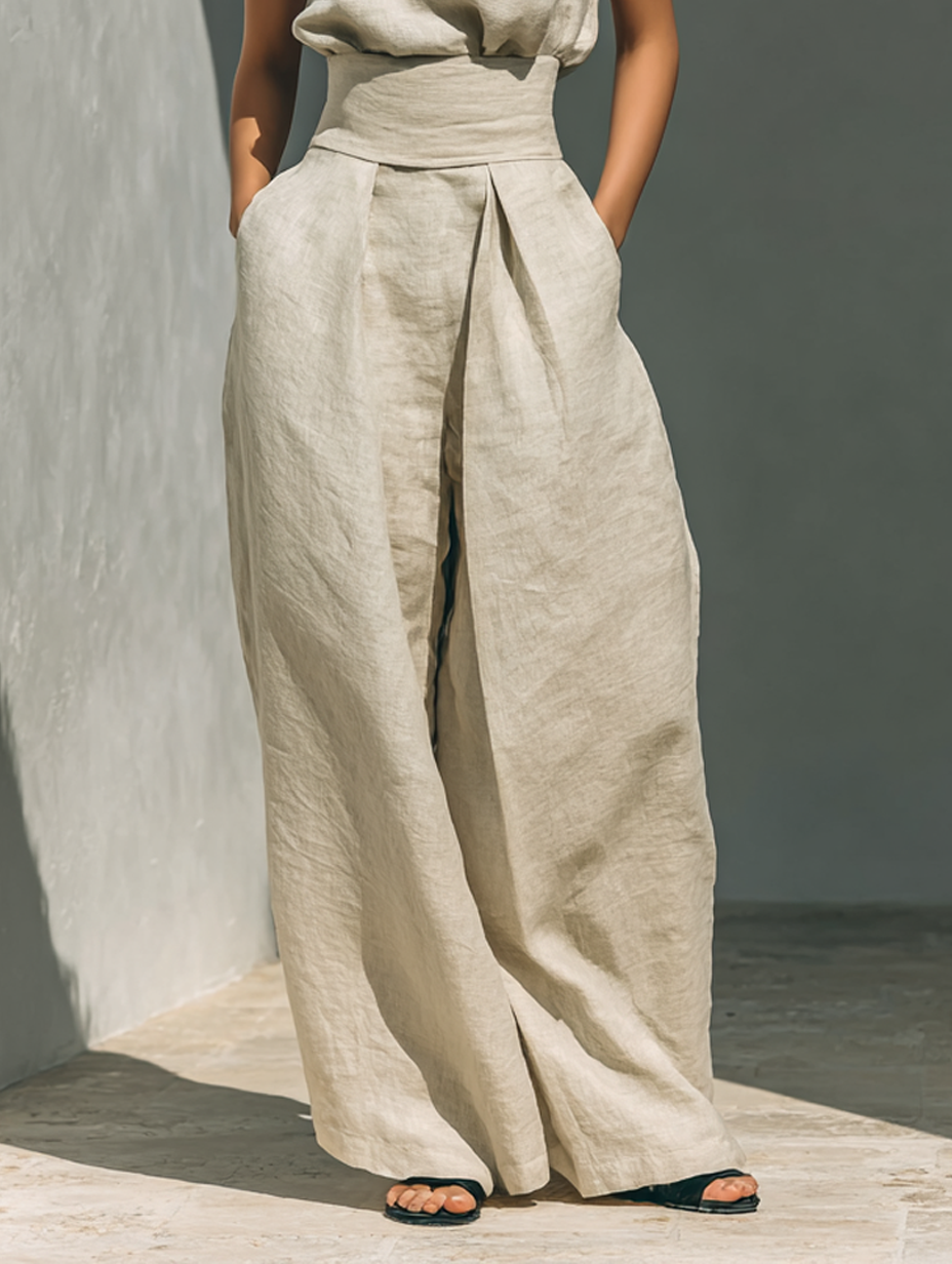 Aurora | Conjunto Coordinado Beige Holgado sin Mangas con Pierna Ancha