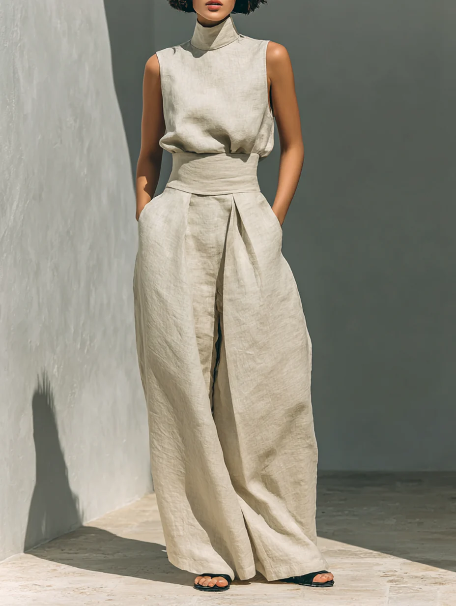 Aurora | Conjunto Coordinado Beige Holgado sin Mangas con Pierna Ancha