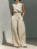 Aurora | Conjunto Coordinado Beige Holgado sin Mangas con Pierna Ancha