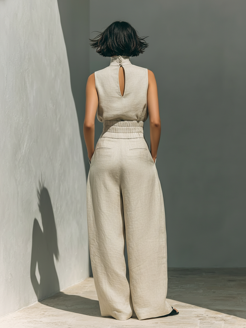 Aurora | Conjunto Coordinado Beige Holgado sin Mangas con Pierna Ancha