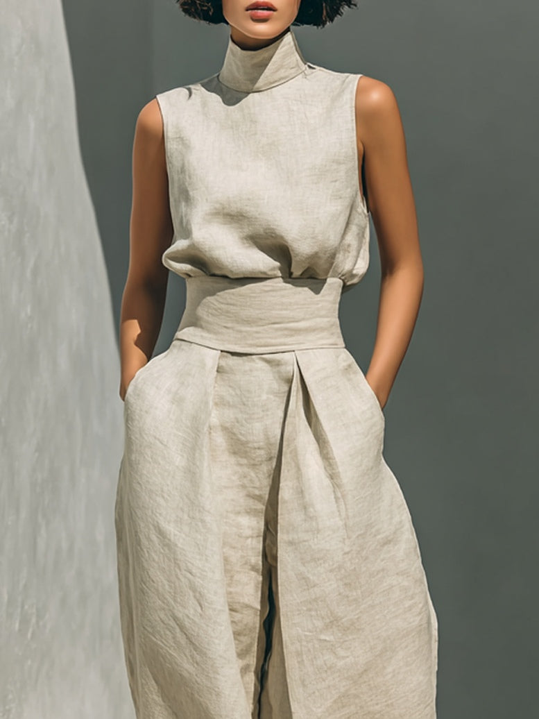 Aurora | Conjunto Coordinado Beige Holgado sin Mangas con Pierna Ancha