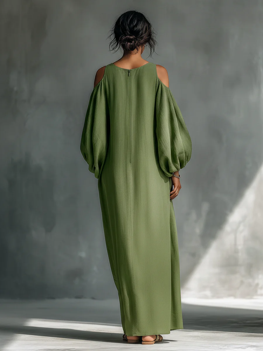 Vestido Maxi Verde Off-Shoulder con Mangas Abullonadas Oversize