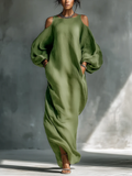 Vestido Maxi Verde Off-Shoulder con Mangas Abullonadas Oversize