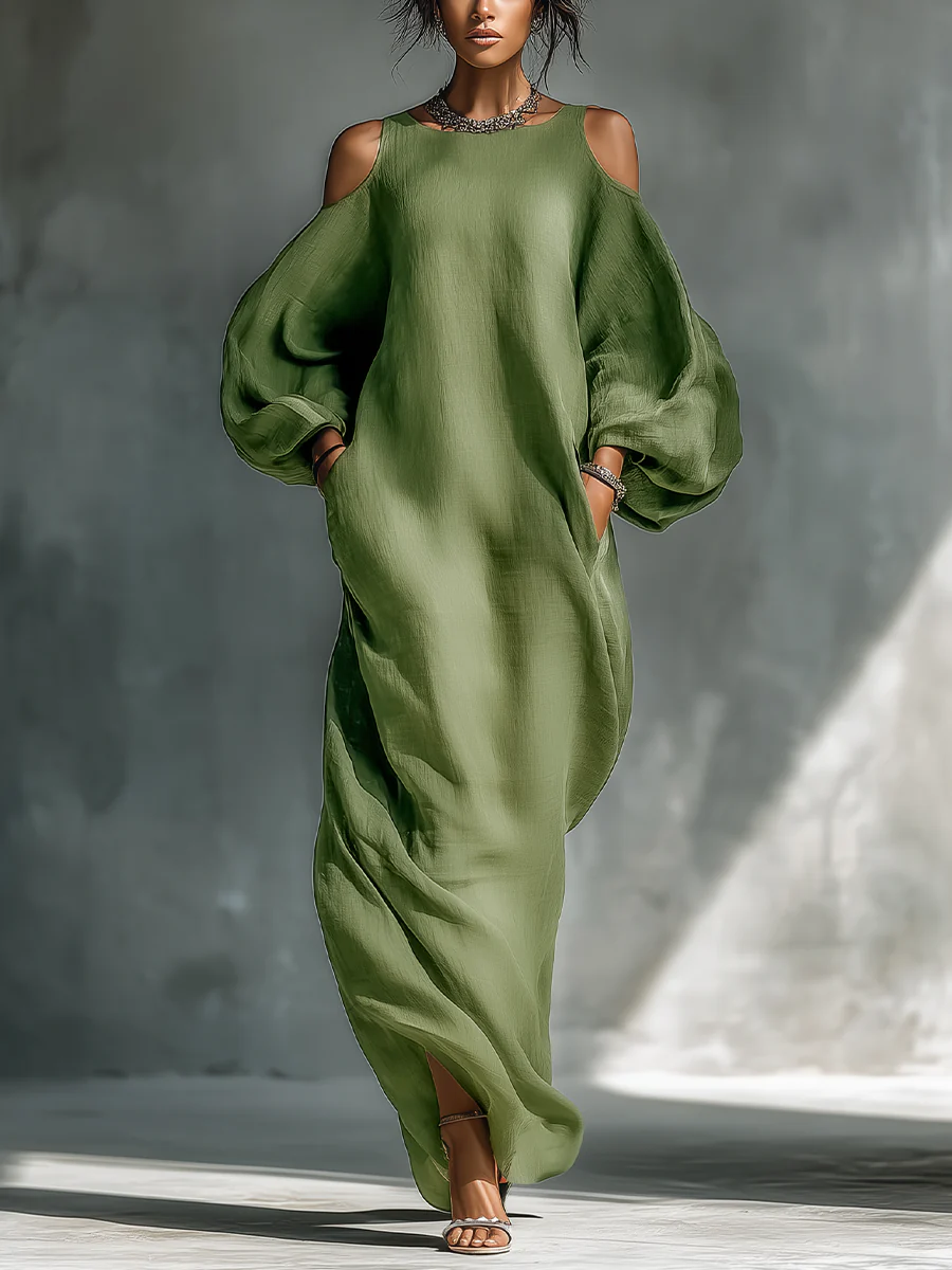 Vestido Maxi Verde Off-Shoulder con Mangas Abullonadas Oversize