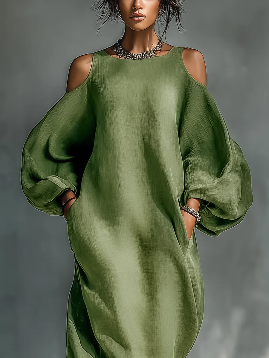 Vestido Maxi Verde Off-Shoulder con Mangas Abullonadas Oversize