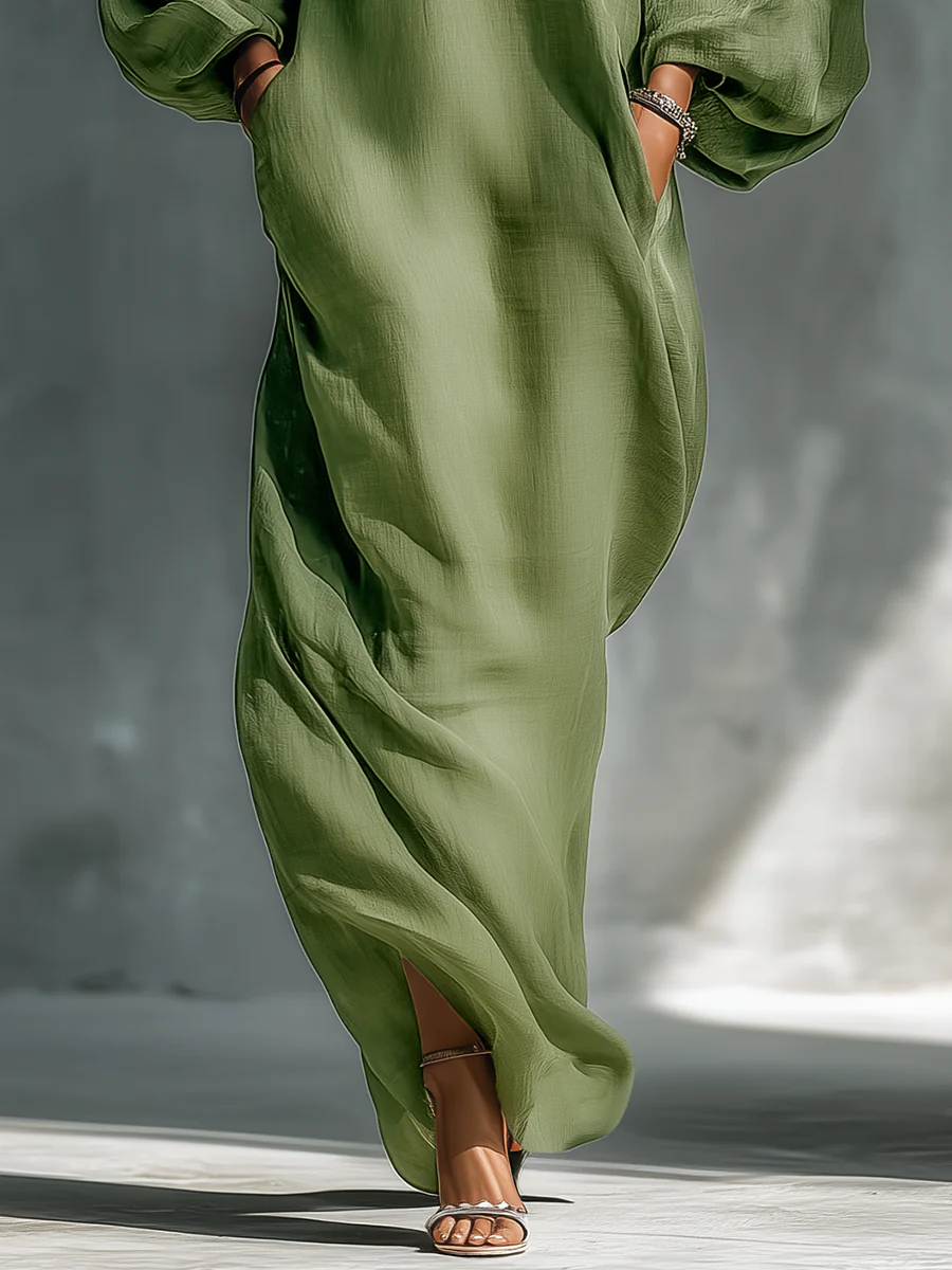 Vestido Maxi Verde Off-Shoulder con Mangas Abullonadas Oversize