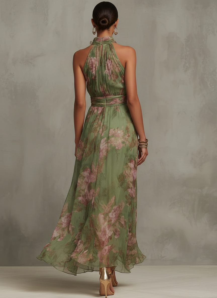 Serena - Vestido largo de gasa floral con cuello halter